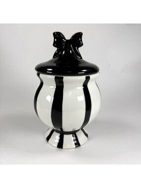 Petal & Pearl Black White Striped Ceramic Canister Bow Lid Hand Painted